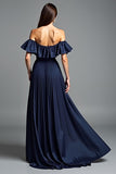 Robe formelle à épaules dénudées bleu marine froncée