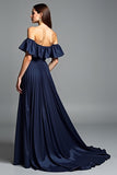 Robe formelle à épaules dénudées bleu marine froncée