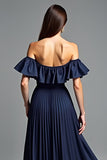 Robe formelle à épaules dénudées bleu marine froncée