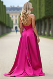 Robe de bal bustier fuchsia une ligne avec fente