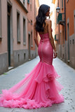 Robe de bal à volants sirène bustier rose vif