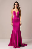 Robe longue de bal à bretelles spaghetti sirène fuchsia