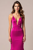 Robe longue de bal à bretelles spaghetti sirène fuchsia