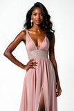 Robe longue formelle froncée à col en V fard à joues avec fente