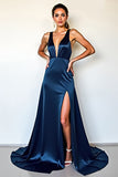 Robe formelle en satin bleu marine à col en V profond avec fente