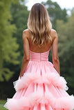 Rose Une ligne chérie longue robe de bal en tulle à volants