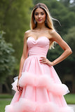 Rose Une ligne chérie longue robe de bal en tulle à volants