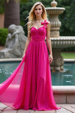 A Line Robe de bal longue en tulle froncé à bretelles fuchsia