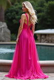 A Line Robe de bal longue en tulle froncé à bretelles fuchsia