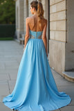 Bleu scintillant Une ligne Sweetheart Perlé Robe Longue de Bal Avec Fente