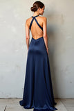 Robe formelle en satin fourreau à col en V profond bleu marine avec fente