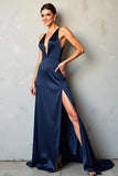 Robe formelle en satin fourreau à col en V profond bleu marine avec fente