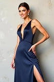 Robe formelle en satin fourreau à col en V profond bleu marine avec fente