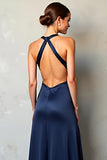 Robe formelle en satin fourreau à col en V profond bleu marine avec fente