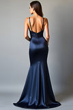 Robe longue de bal en satin à bretelles spaghetti bleu marine avec fente