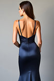 Robe longue de bal en satin à bretelles spaghetti bleu marine avec fente