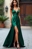 Vert foncé A Ligne Spaghetti Bretelles Satin Longue Robe De Bal Avec Fente