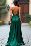 Vert foncé A Ligne Spaghetti Bretelles Satin Longue Robe De Bal Avec Fente
