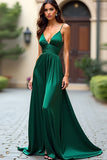 Vert foncé A Ligne Spaghetti Bretelles Satin Longue Robe De Bal Avec Fente