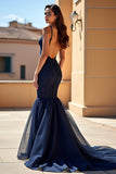 Sirène bleu marine spaghetti bretelles robe longue de bal en dentelle