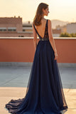 Tulle bleu marine à col en V profond Robe formelle trapèze avec perles