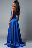 Robe de bal longue en satin à bretelles spaghetti bleu royal