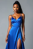 Robe de bal longue en satin à bretelles spaghetti bleu royal