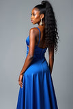 Robe de bal longue en satin à bretelles spaghetti bleu royal