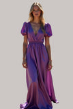 Violet A Ligne Manches Bouffantes Dos Nu Longue Robe de demoiselle d’honneur