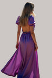 Violet A Ligne Manches Bouffantes Dos Nu Longue Robe de demoiselle d’honneur
