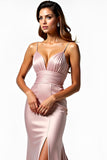 Dusty Rose Spaghetti Straps Sirène Robe de bal plissée avec fente