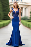 Bleu royal appliqué sirène col en V Robe mère de mariée