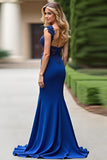 Bleu royal appliqué sirène col en V Robe mère de mariée