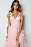 Fard à joues rose une ligne spaghetti bretelles robe de bal longue avec volants