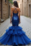 Robe longue de bal à bretelles spaghetti sirène bleu royal scintillante avec volants
