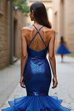 Robe longue de bal à bretelles spaghetti sirène bleu royal scintillante avec volants