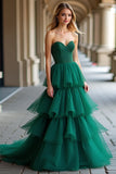 Robe de bal en tulle à volants vert foncé scintillante avec paillettes