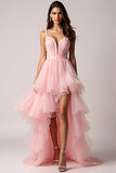 Fard à joues rose a-ligne bretelles spaghetti volants tulle plissé robe de bal haut-bas