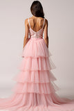 Fard à joues rose a-ligne bretelles spaghetti volants tulle plissé robe de bal haut-bas