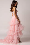 Fard à joues rose a-ligne bretelles spaghetti volants tulle plissé robe de bal haut-bas