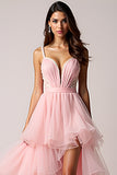 Fard à joues rose a-ligne bretelles spaghetti volants tulle plissé robe de bal haut-bas