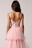 Fard à joues rose a-ligne bretelles spaghetti volants tulle plissé robe de bal haut-bas