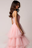 Fard à joues rose a-ligne bretelles spaghetti volants tulle plissé robe de bal haut-bas