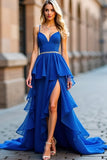 Bleu royal A-ligne spaghetti bretelles volants perles robe longue de bal avec fente