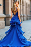 Bleu royal A-ligne spaghetti bretelles volants perles robe longue de bal avec fente