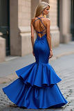 Sirène bleu royal bretelles spaghetti volants satin longue robe de bal avec perles