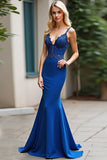 Robe longue de bal à bretelles spaghetti bleu royal scintillante avec appliques de dentelle