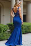 Robe de bal longue à bretelles spaghetti à paillettes bleu royal scintillant