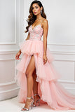 Fard à joues rose A-ligne spaghetti bretelles Tulle à volants Robe longue de bal avec appliques