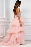Fard à joues rose A-ligne spaghetti bretelles Tulle à volants Robe longue de bal avec appliques